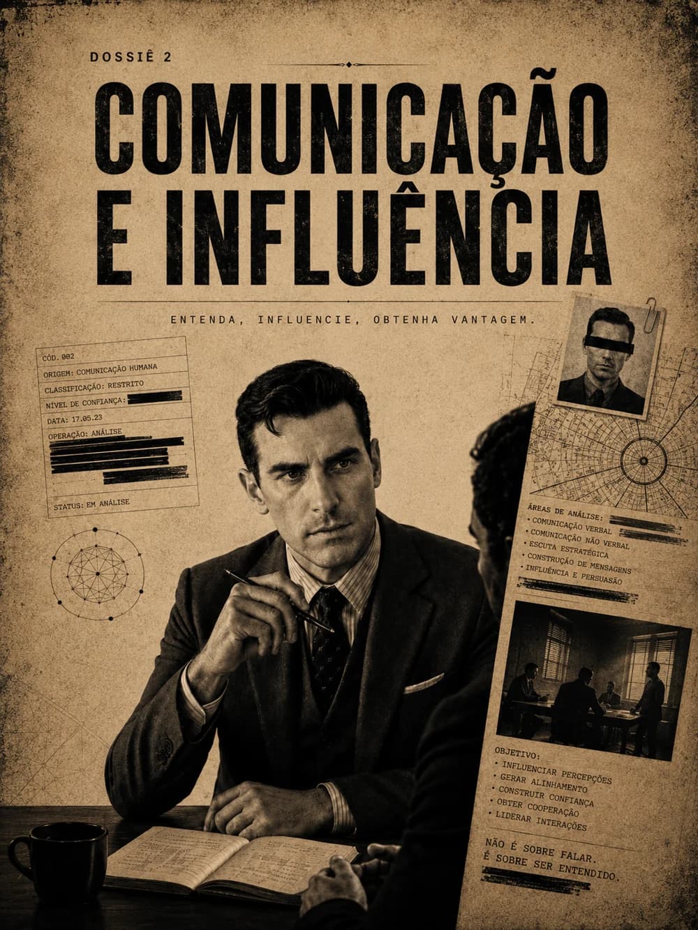 Capa do Dossiê 02 — Comunicação e Influência, em estilo dossiê confidencial do Mundo da HUMINT.