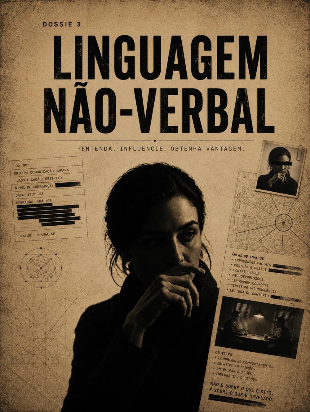 Capa do Dossiê 03 — Linguagem Não-verbal, em estilo dossiê confidencial do Mundo da HUMINT.