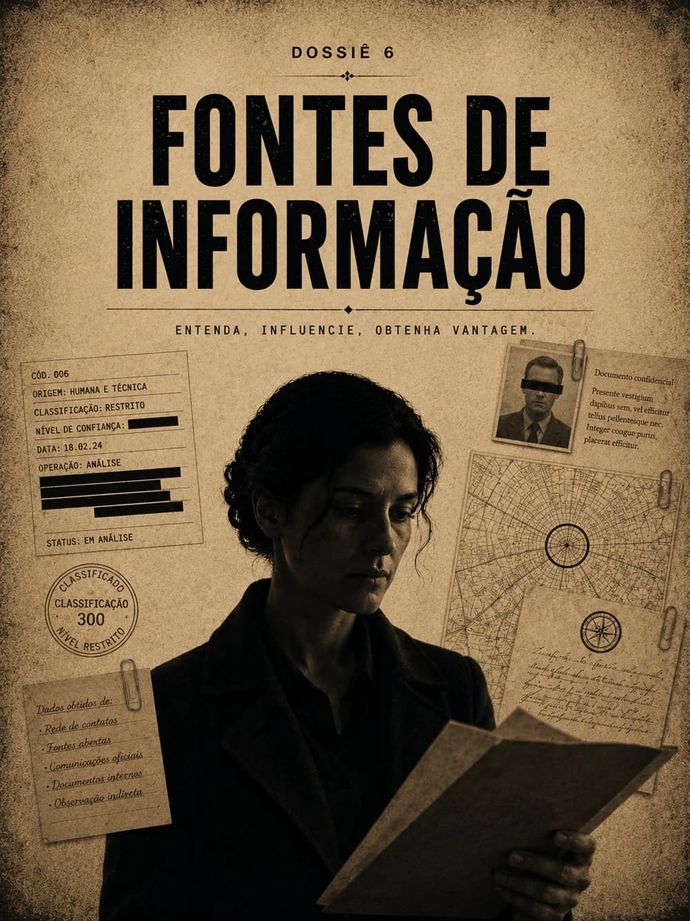 Capa do Dossiê 06 — Fontes de Informação, em estilo dossiê confidencial do Mundo da HUMINT.