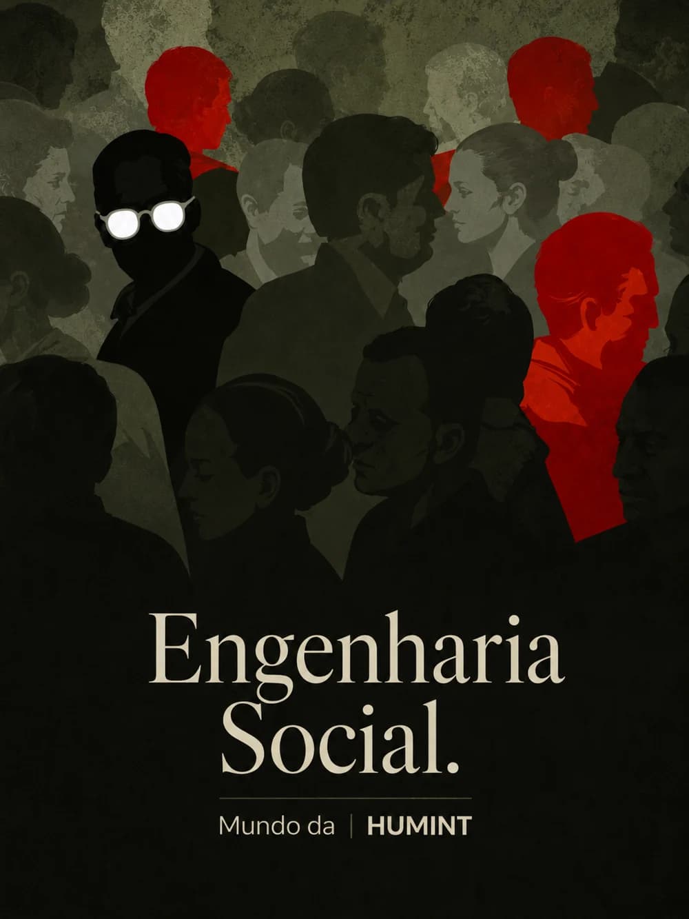 Capa Engenharia Social: multidão de silhuetas com figuras em vermelho e uma figura mascarada de óculos.